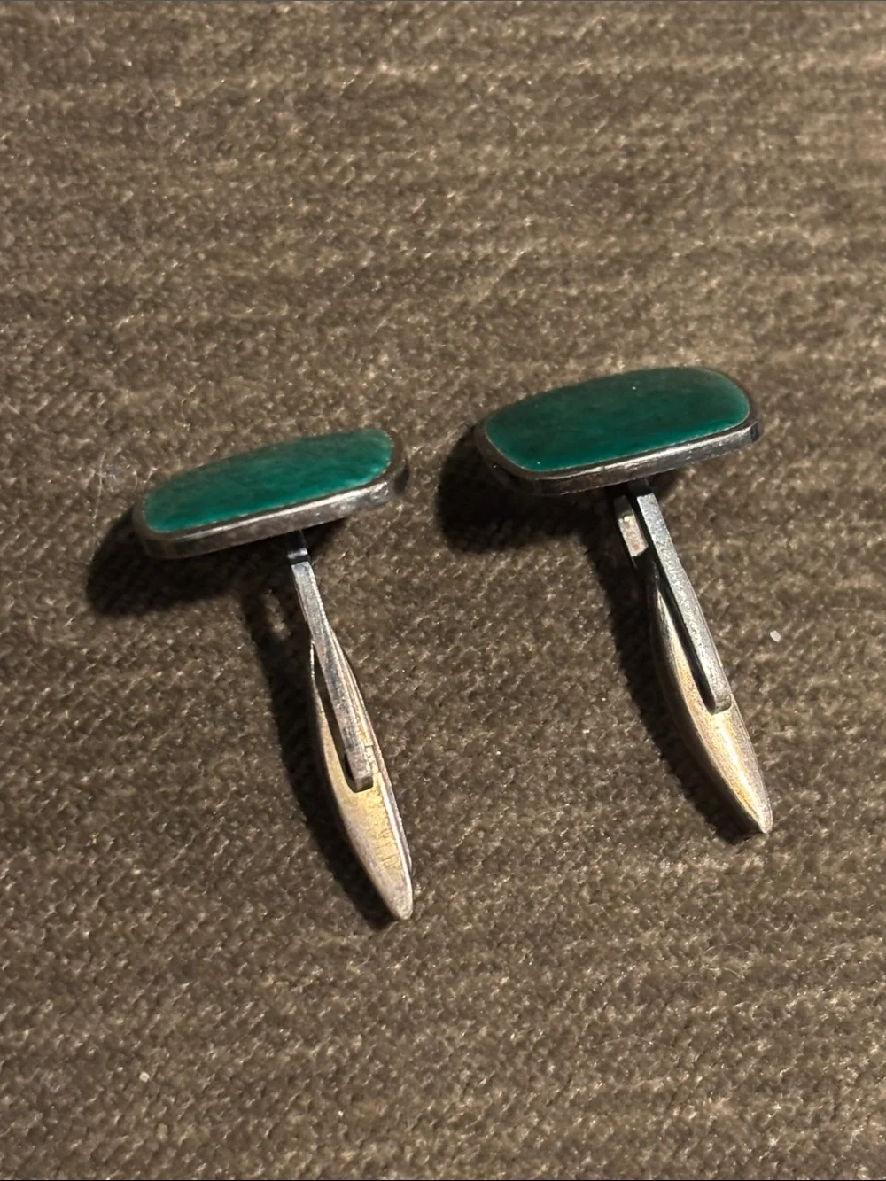 Real Silver Green Enamel Men’s Cufflinks Vintage Mid Century Modern Minimalist